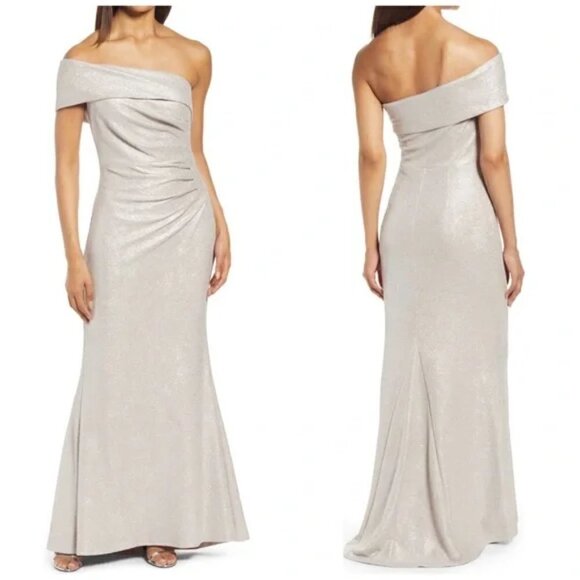 ELIZA J One-Shoulder Glitter Mermaid Gown in Beige Size US 0